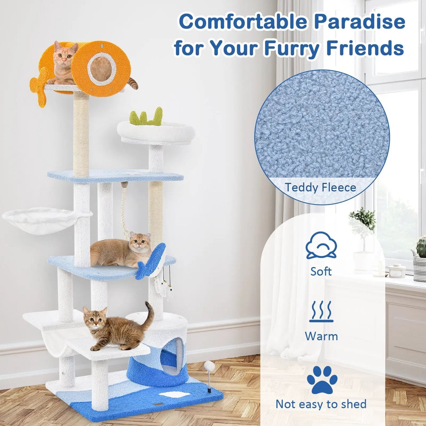 Ocean Themed Cat Tree Tower in blue with Teddy Fleece and sisal posts DirectDeals on Tampa Home & Garden Store