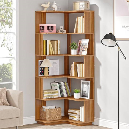 Multifunctional 6 Shelf Corner L-Shaped Bookcase in Brown Wood Finish - Tampa Home & Garden Store