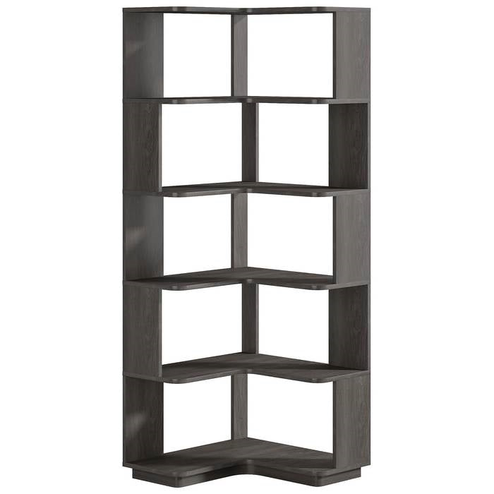 Multifunctional 6 Shelf Corner L-Shaped Bookcase in Dark Grey Wood Finish - Tampa Home & Garden Store
