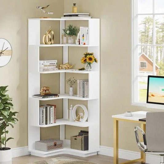 Corner L Shaped Bookcase 6-shelf white wood finish HomePacific living room storage unit on Tampa Home & Garden Store