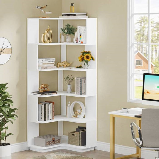 Multifunctional 6 Shelf Corner L-Shaped Bookcase in White Wood Finish - Tampa Home & Garden Store