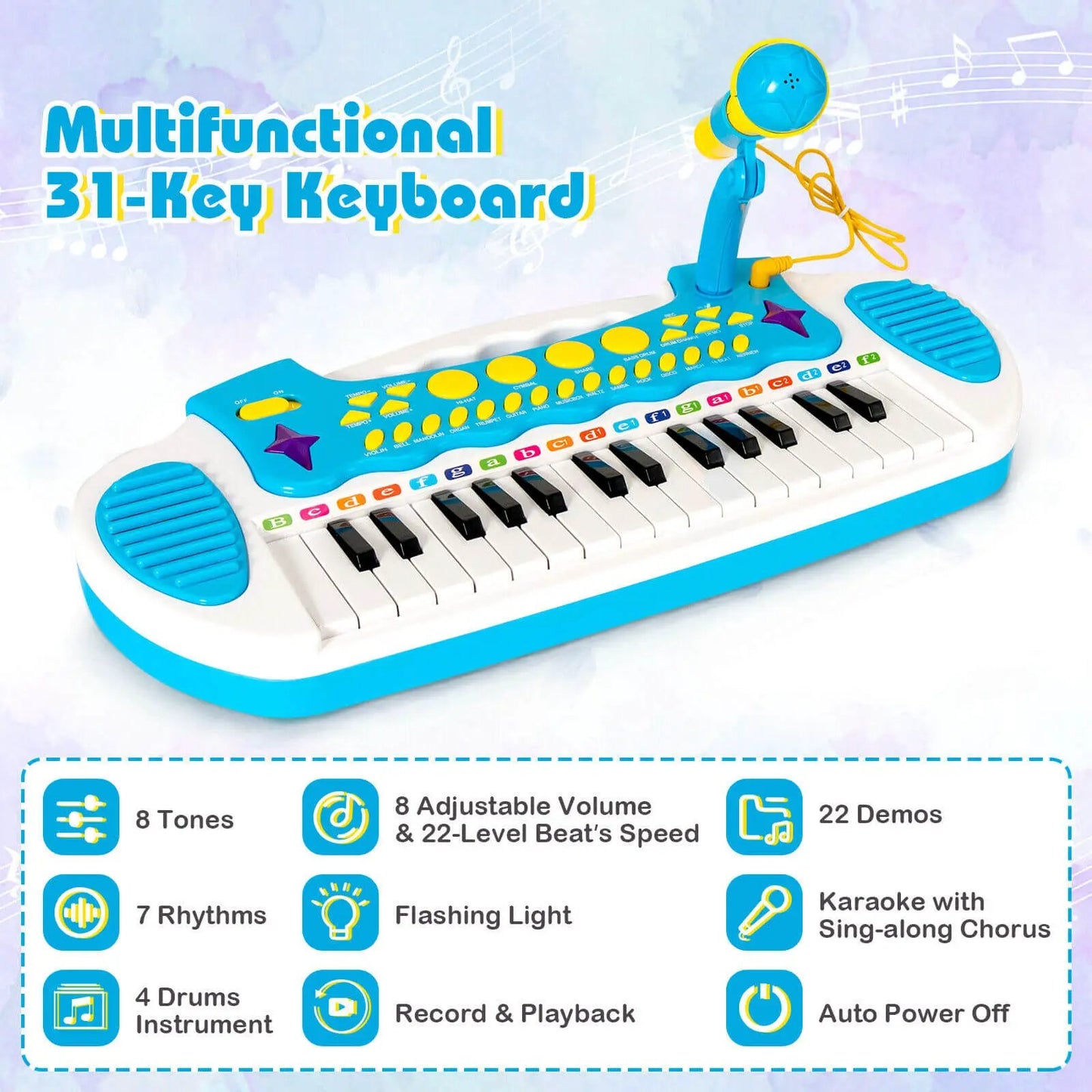 31-key kids piano keyboard toy with microphone, blue and white, DirectDeals on Tampa Home & Garden Store