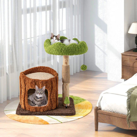 Multifunctional Cat Tree and Scratching Posts Brown with green top, 2 cats on Tampa Home & Garden Store