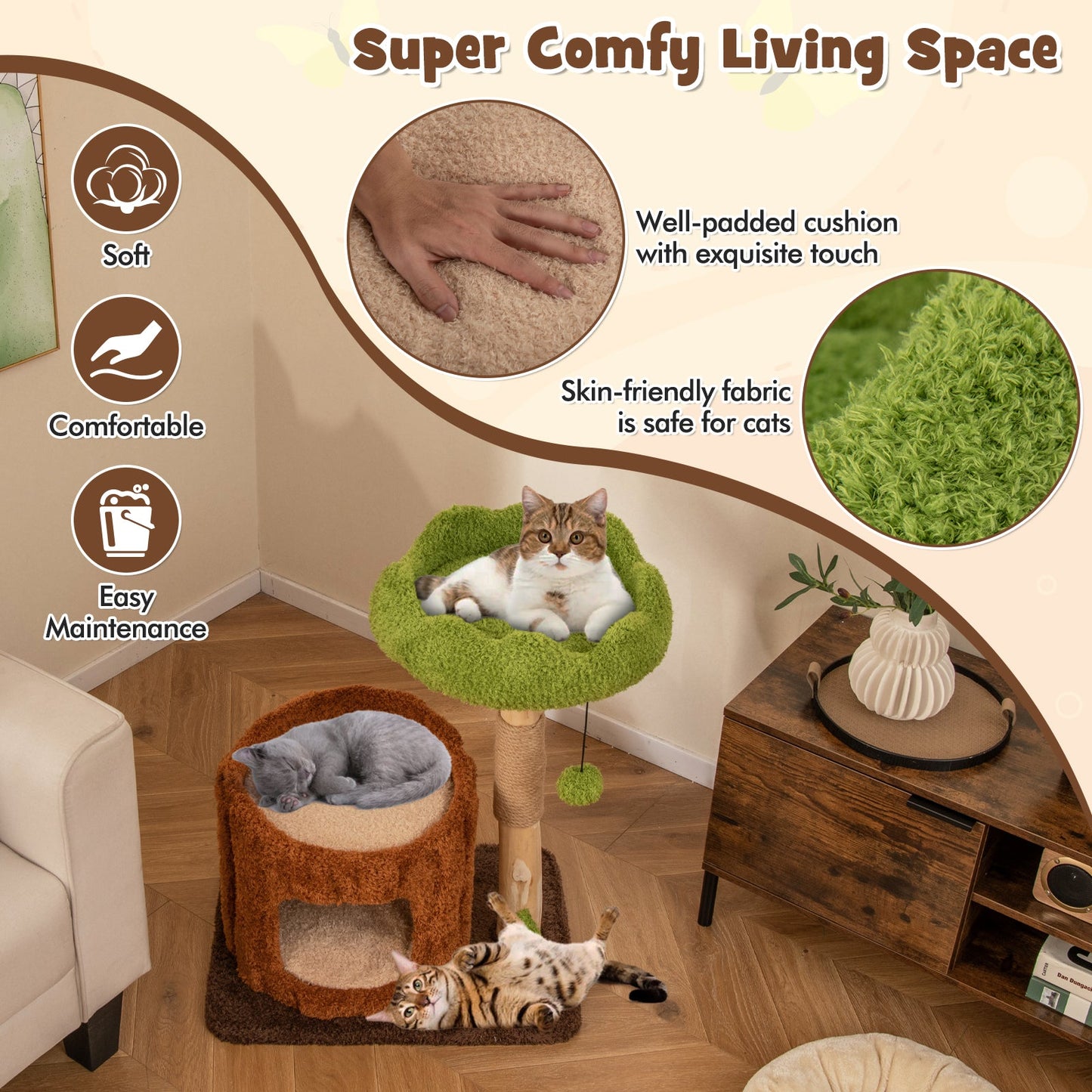 Multifunctional Cat Tree and Scratching Posts beige cat tree with green perches for lounging on Tampa Home & Garden Store