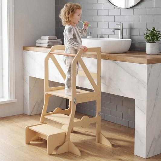 Kids Kitchen Step Stool with Removable Safety Bar in natural wood, toddler at sink on Tampa Home & Garden Store