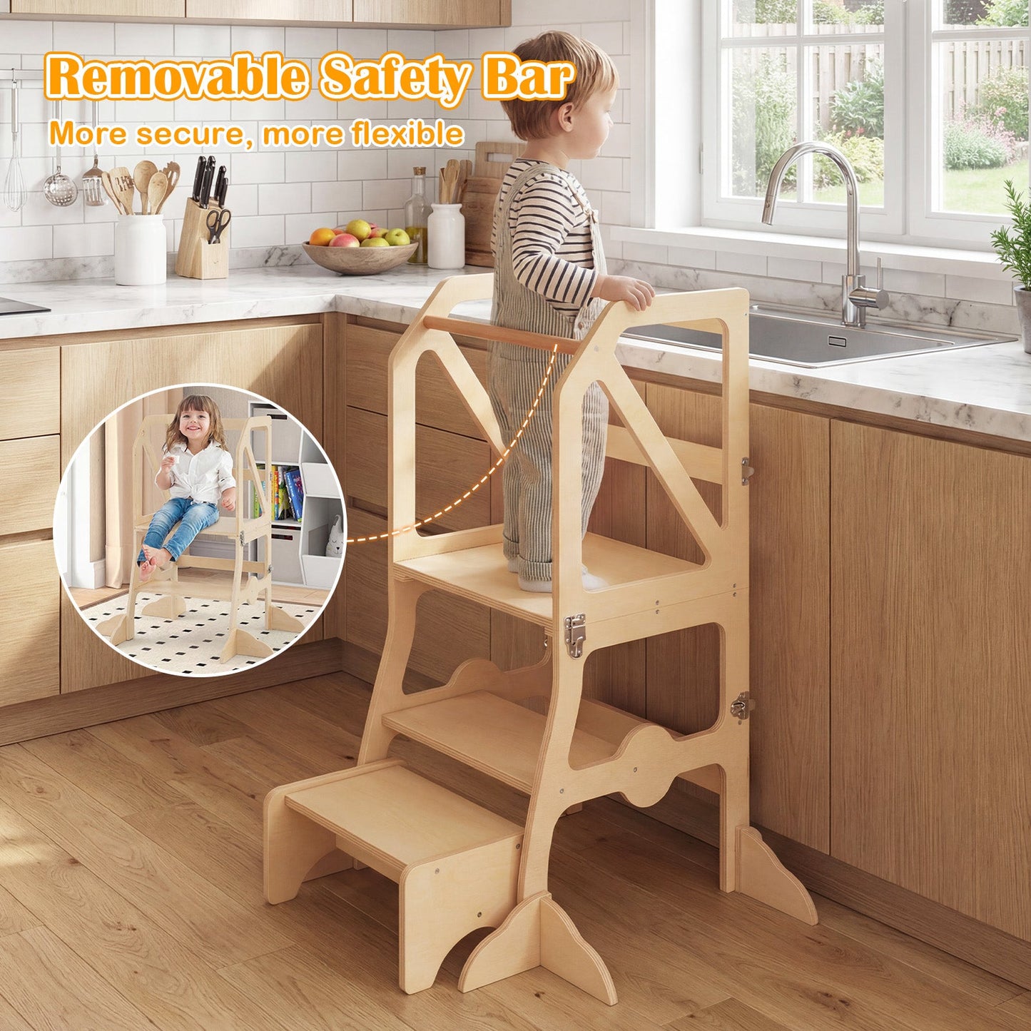 Kids Kitchen Step Stool with removable safety bar, natural wood, two steps, DirectDeals on Tampa Home & Garden Store