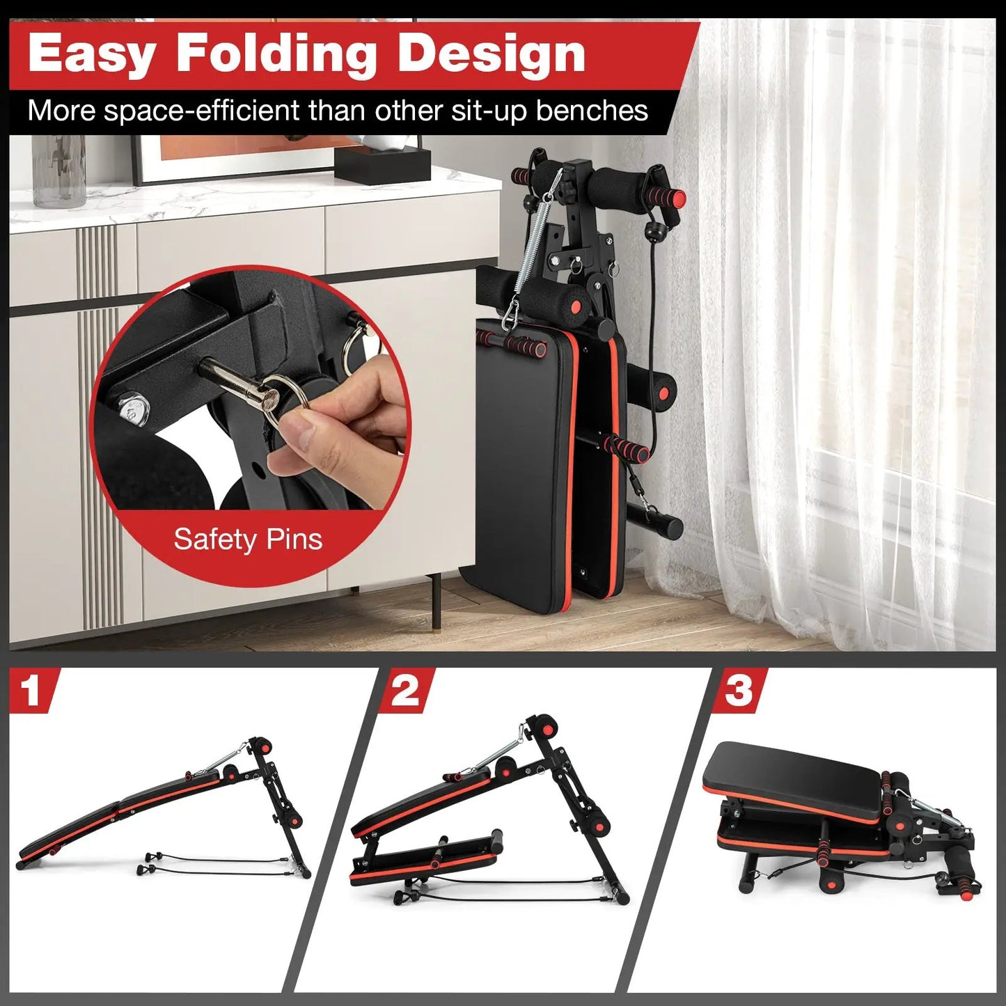 DirectDeals Multifunctional Sit-Up Bench 4-Position black red bench with safety pins on Tampa Home & Garden Store