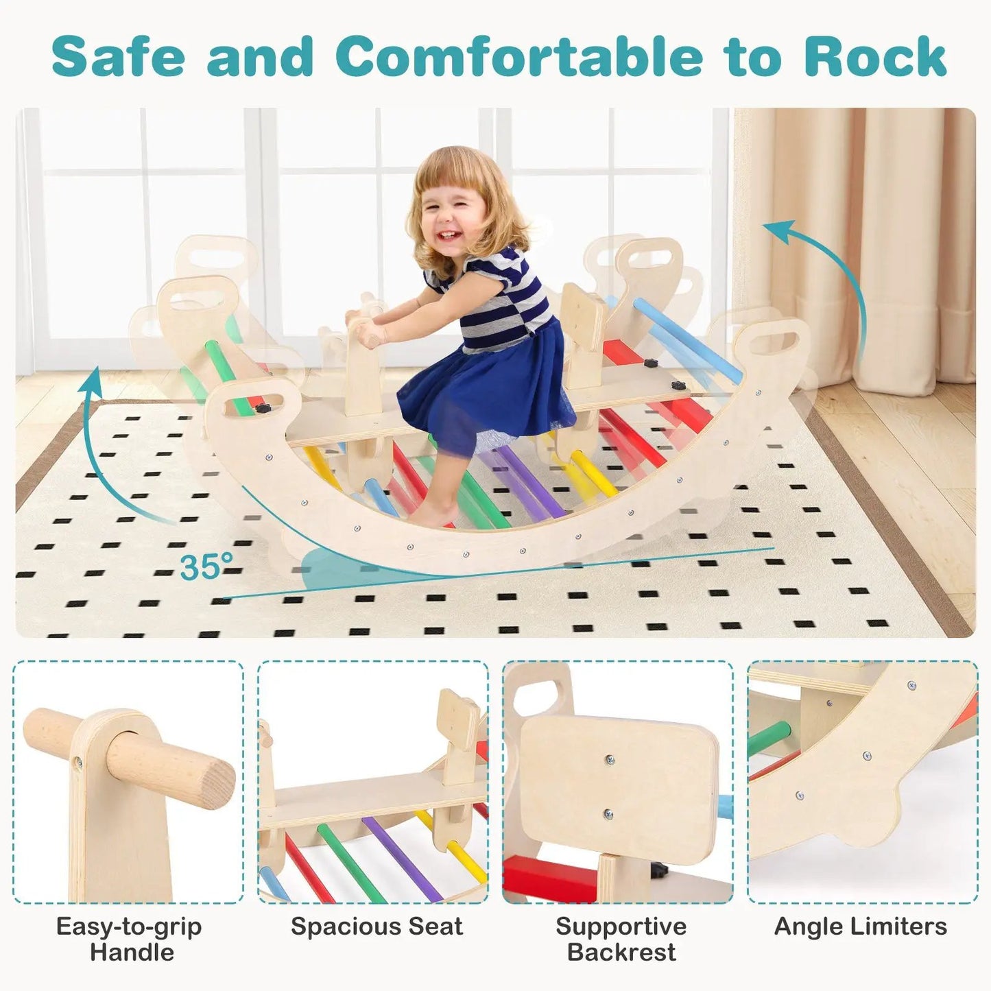 4-in-1 Multifunctional Wooden Climbing Toys with Rocker and Crawling Tunnel-Multicolor - Tampa Home & Garden Store