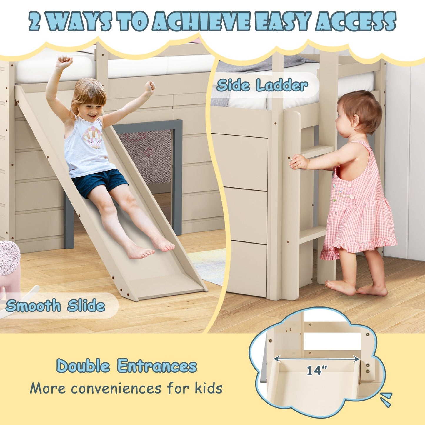 Beige 3-in-1 Twin Loft Bed with Slide and Drawers; kids enjoy the smooth slide on Tampa Home & Garden Store