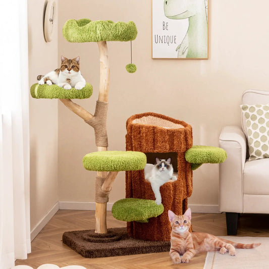 Multi Level Cat Tree Double Decker House with green plush platforms on wood trunk and pom-pom on Tampa Home & Garden Store