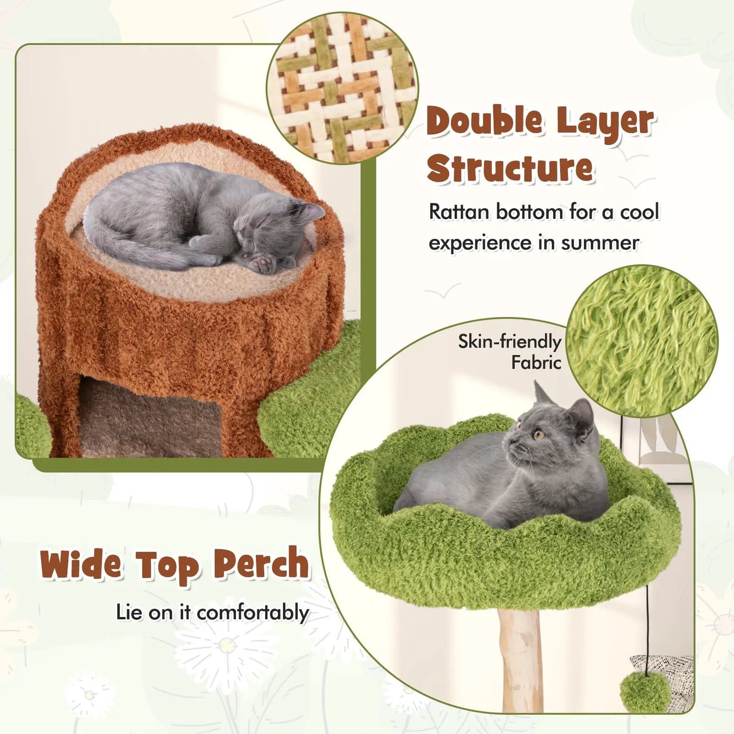 Multi-level brown plush cat tree with a double-decker house and green round perch on Tampa Home & Garden Store