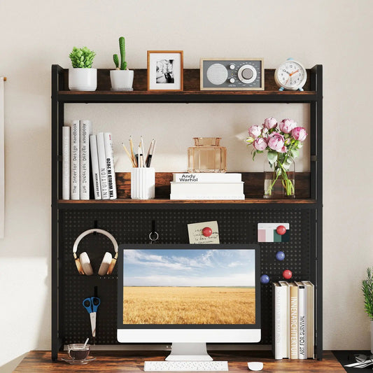 Two-Tier Desk Bookshelf for 32-Inch Monitor DirectDeals desktop organizer, rustic brown wood with black metal frame on Tampa Home & Garden Store