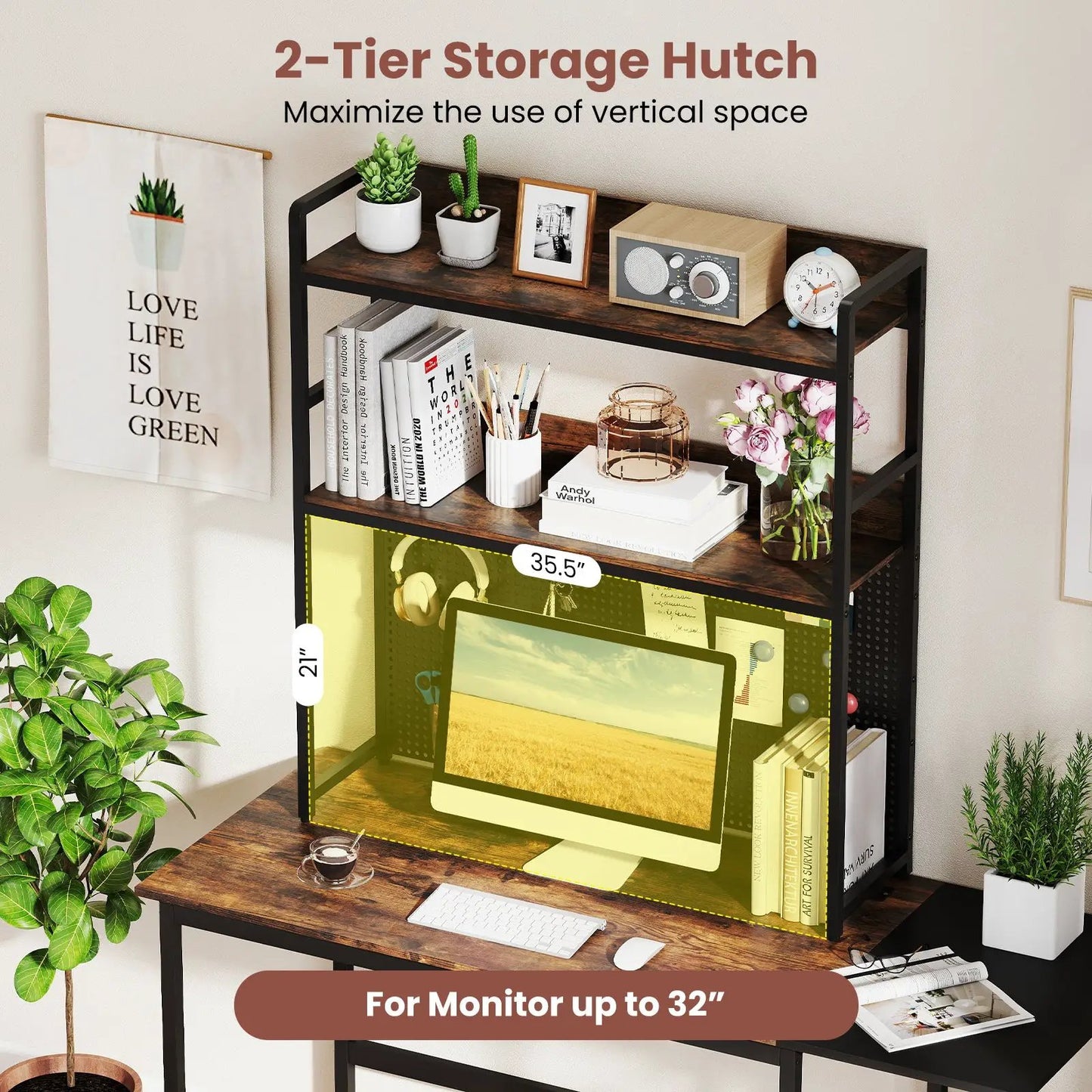 Two-Tier Desk Bookshelf for 32-Inch Monitor with black metal frame and wood shelves DirectDeals on Tampa Home & Garden Store