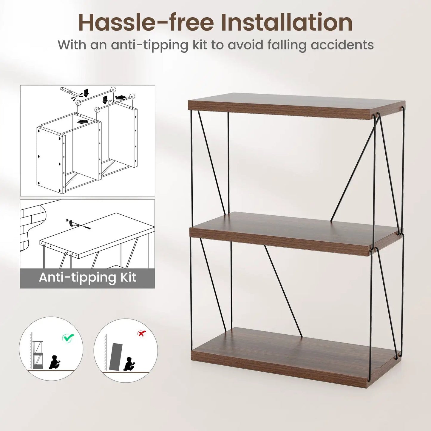 3-Tier multipurpose display rack with wood shelves and black metal frame anti-tipping kit included on Tampa Home & Garden Store
