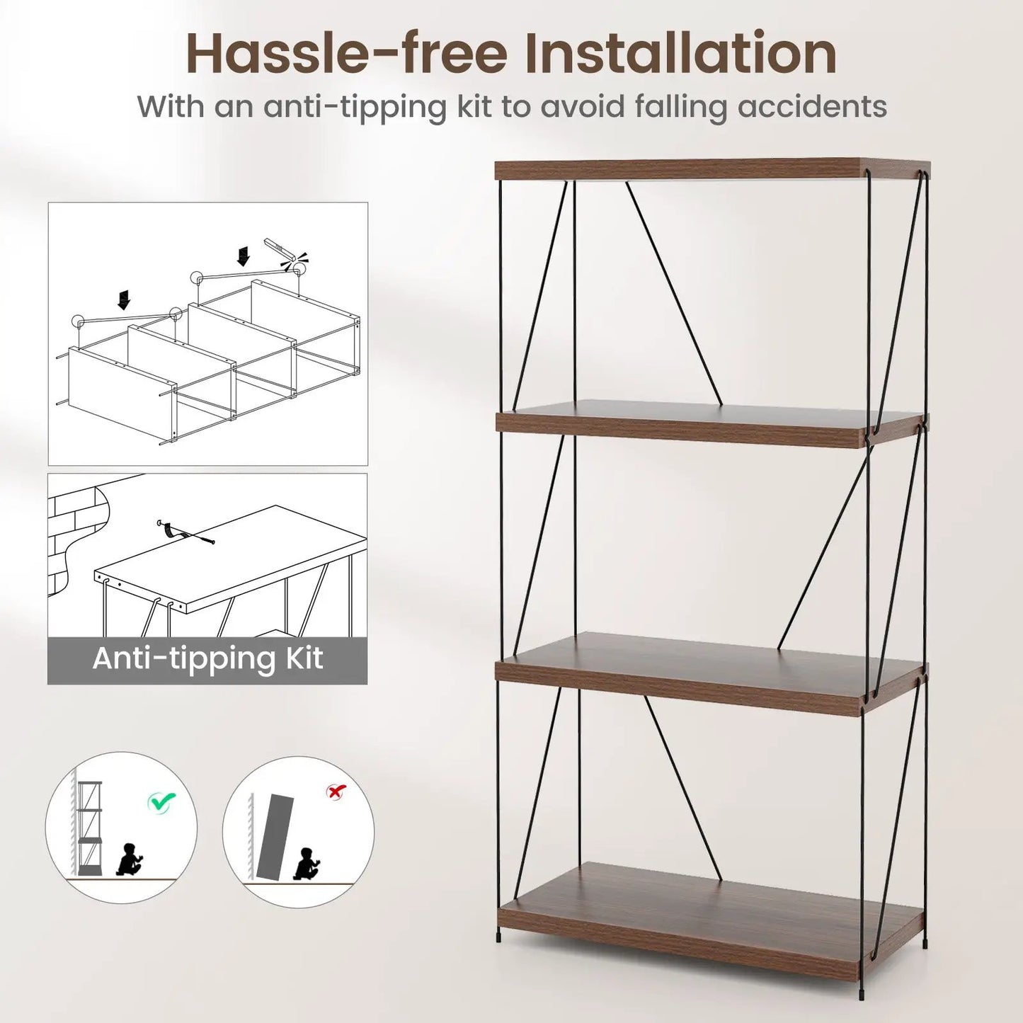 4-tier display rack with wood shelves and black metal frame by DirectDeals anti-tip kit included on Tampa Home & Garden Store