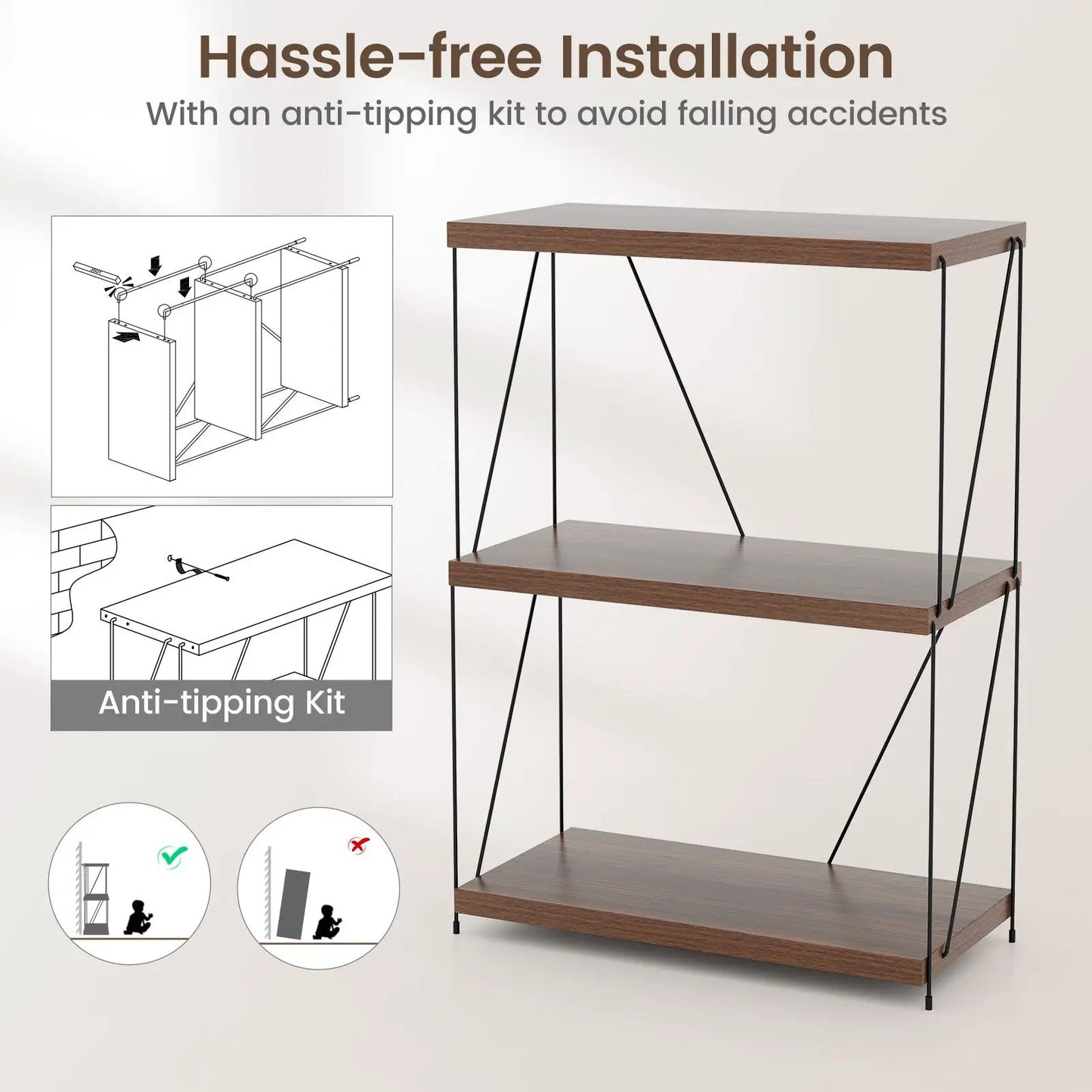 Multipurpose Display Rack with Metal Frame, 34 in, wood shelves, anti-tip kit DirectDeals on Tampa Home & Garden Store