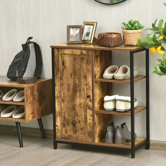 Storage Cabinet with 3 Open Shelves and Doors, rustic wood finish, black metal frame on Tampa Home & Garden Store