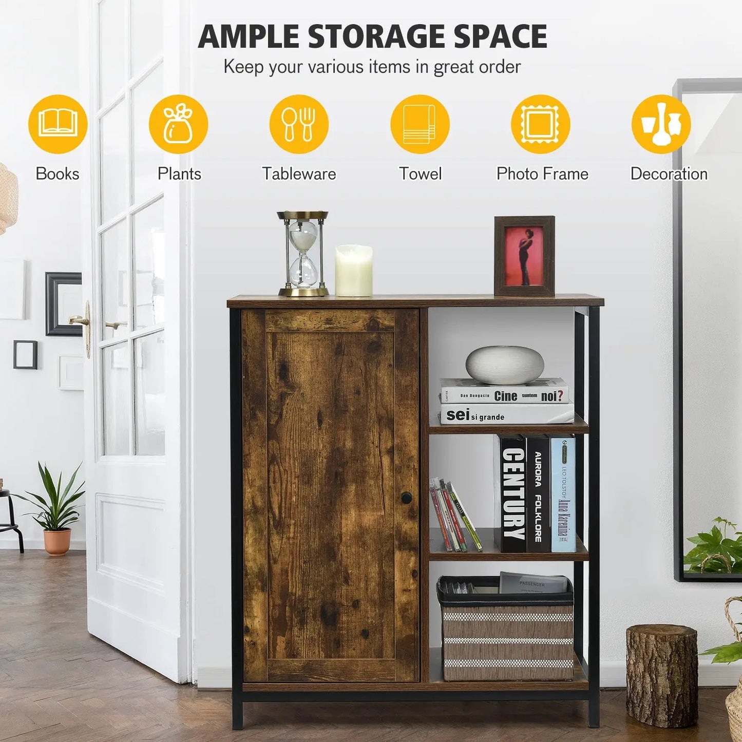 Storage cabinet with 3 open shelves and a left wooden door in dark brown with black metal frame on Tampa Home & Garden Store