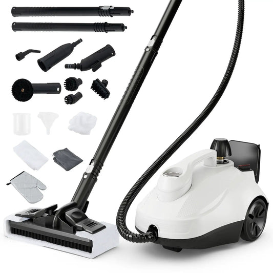 DirectDeals 1800W Multipurpose Steam Cleaner with black wand and assorted brushes on Tampa Home & Garden Store