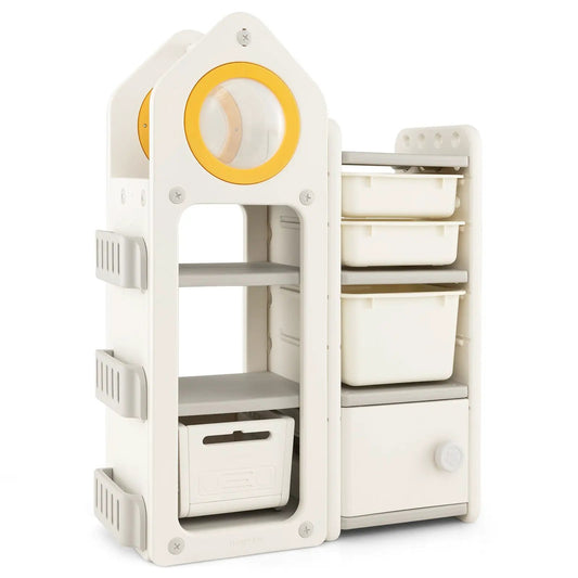 HoneyJoy Multipurpose Toy Chest and Bookshelf with Trolley cream with yellow window on Tampa Home & Garden Store