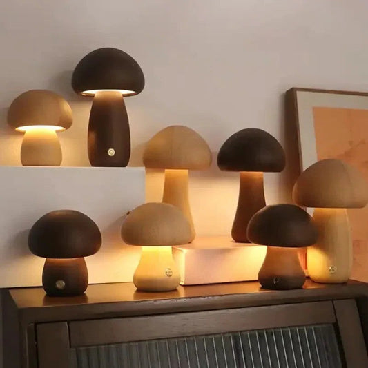 Mushroom Bedside Lamp – Touch-Controlled Dimmable Beech Wood Nightstand Light
