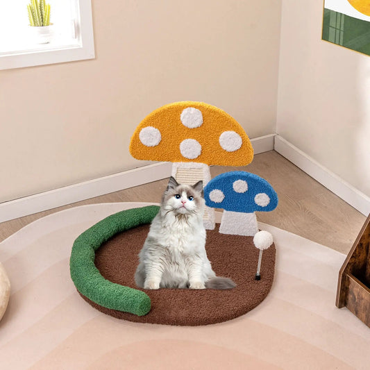 Mushroom Cat Bed with Claw Scratcher featuring brown bed and two bright mushroom caps on Tampa Home & Garden Store