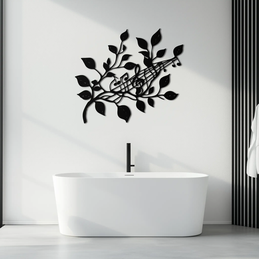 Musical Tree Branch Metal Wall Art and Notes black metal silhouette with leafed branches on Tampa Home & Garden Store