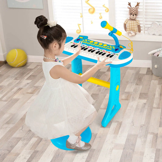 31-key kids piano keyboard toy with microphone on blue stand in bright playroom on Tampa Home & Garden Store