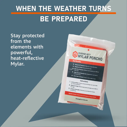 Silver Mylar survival poncho in sealed package, brand Emerge Survival, reflective heat-retention design on Tampa Home & Garden Store