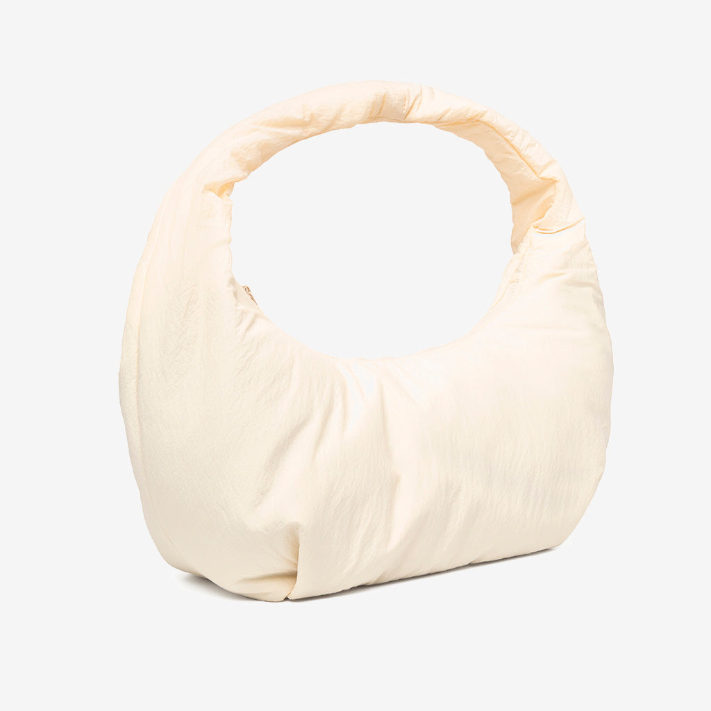 Myra Bag ivory shoulder bag with circular handle by Lefrik USA, puffy fabric on Tampa Home & Garden Store