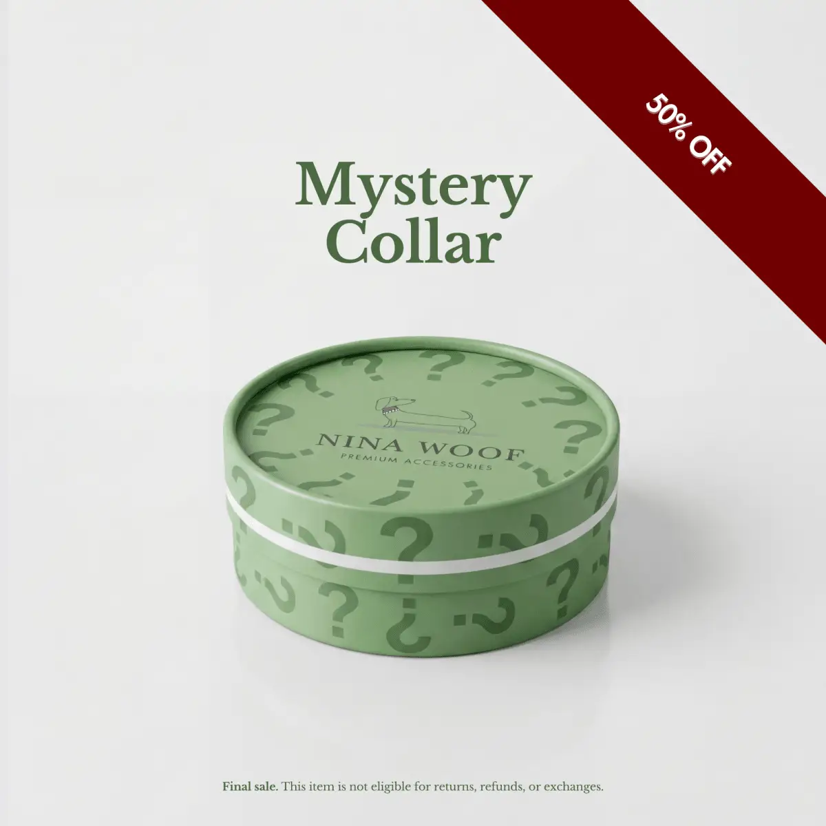 Mystery Collar by Nina Woof in green round tin with question-mark pattern on Tampa Home & Garden Store