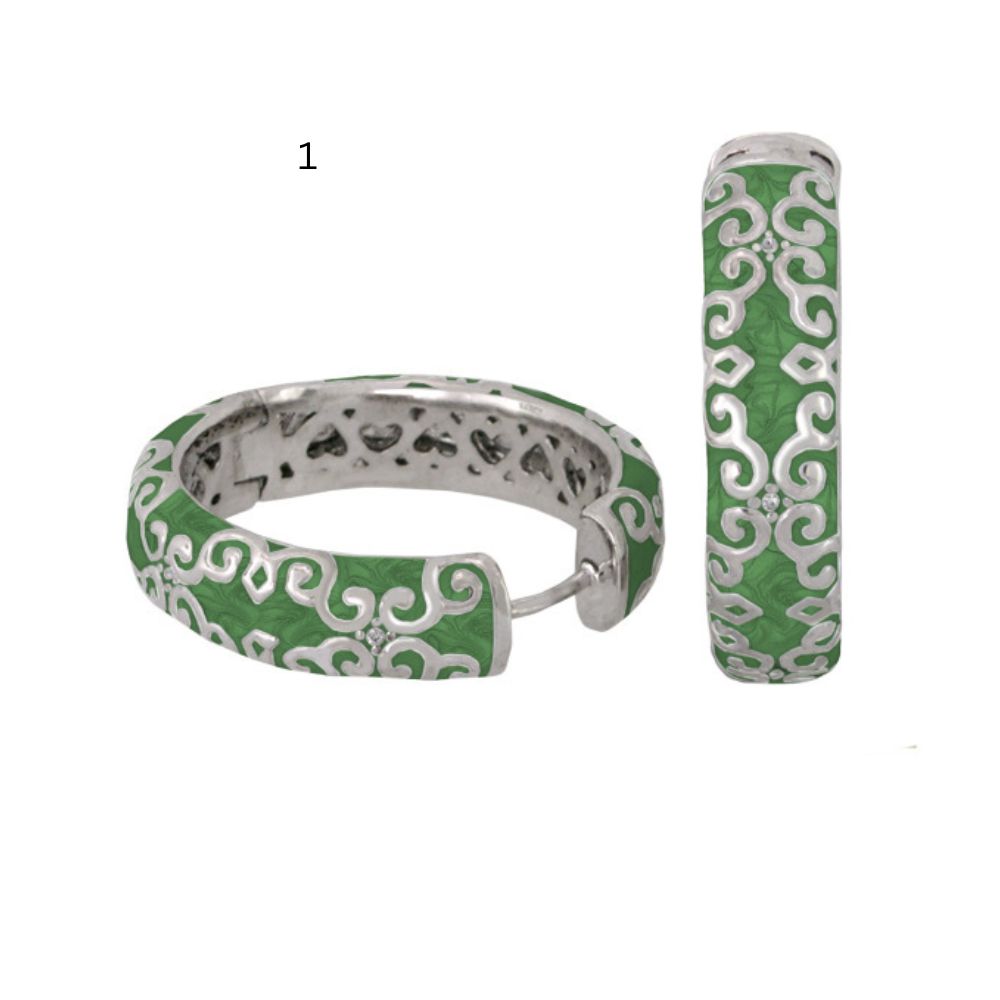Moroccan enamel hoop earrings in green with white scrolling pattern by Lauren G Adams on Tampa Home & Garden Store