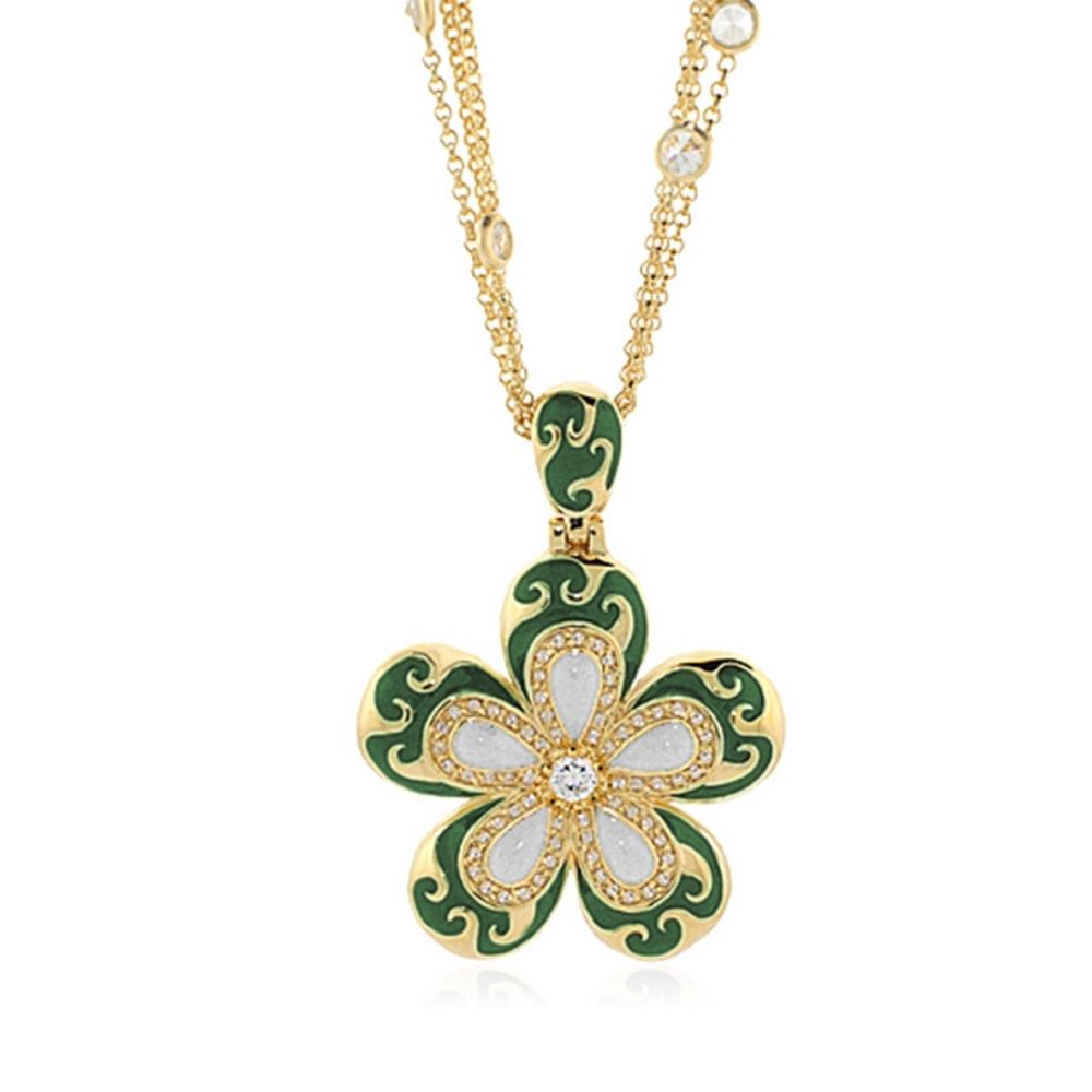 Happy Days Daisy Necklace by Lauren G Adams, green enamel daisy pendant on gold chain on Tampa Home & Garden Store