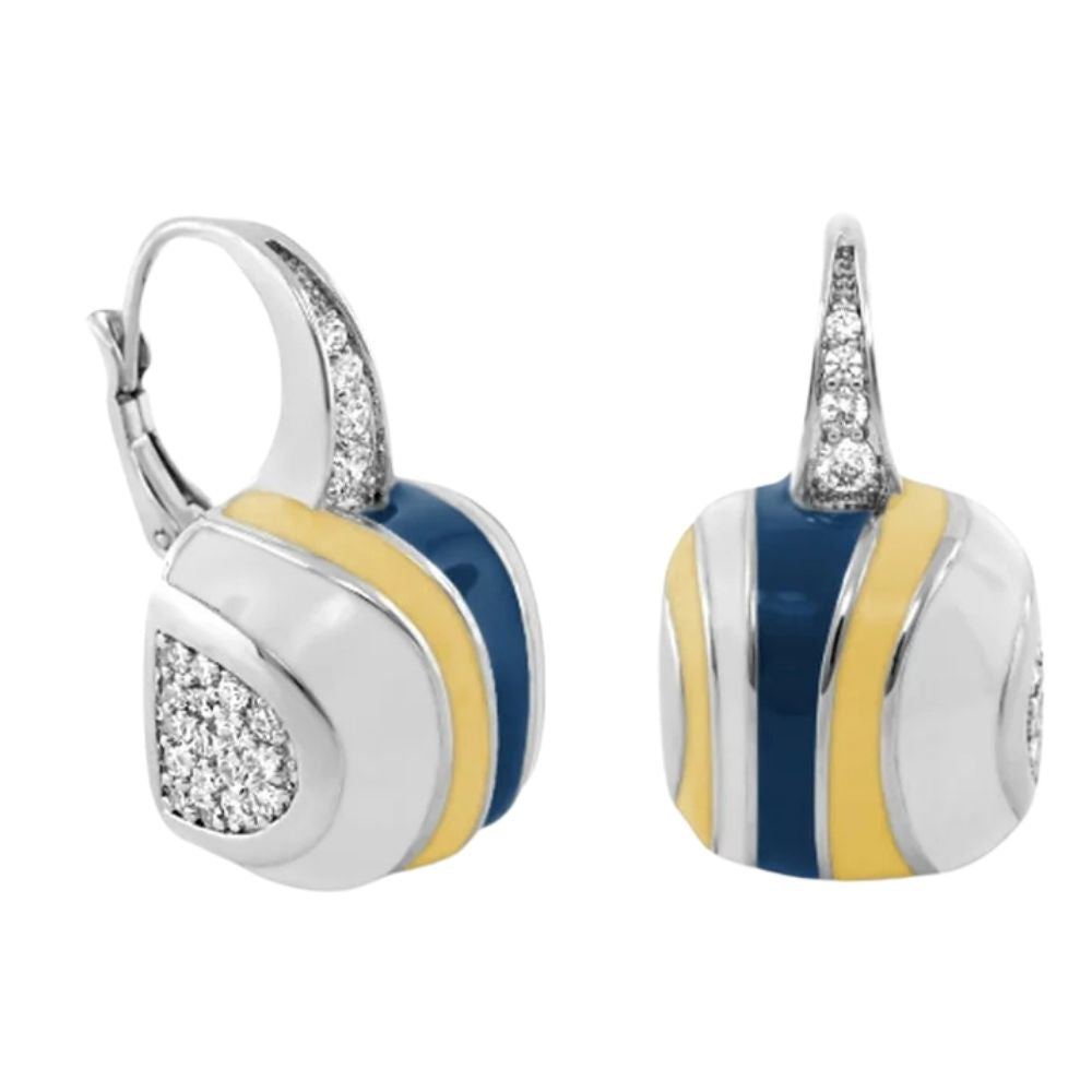 Stripes of Pave Earring pair by Lauren G Adams, silver hoops with blue and yellow enamel on Tampa Home & Garden Store