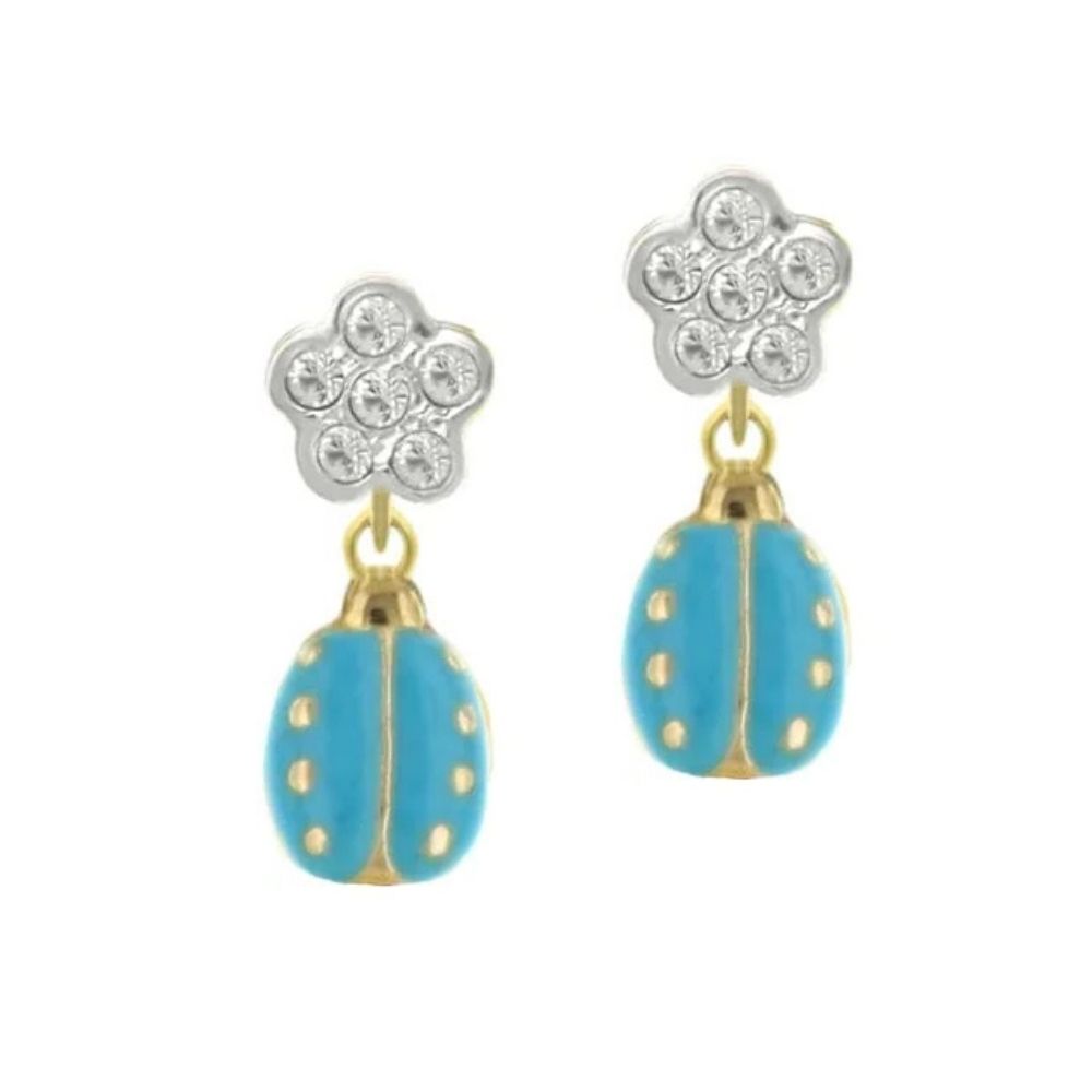 Lady Poof Earring pair, blue enamel ladybug drops with gold trim by Lauren G Adams on Tampa Home & Garden Store