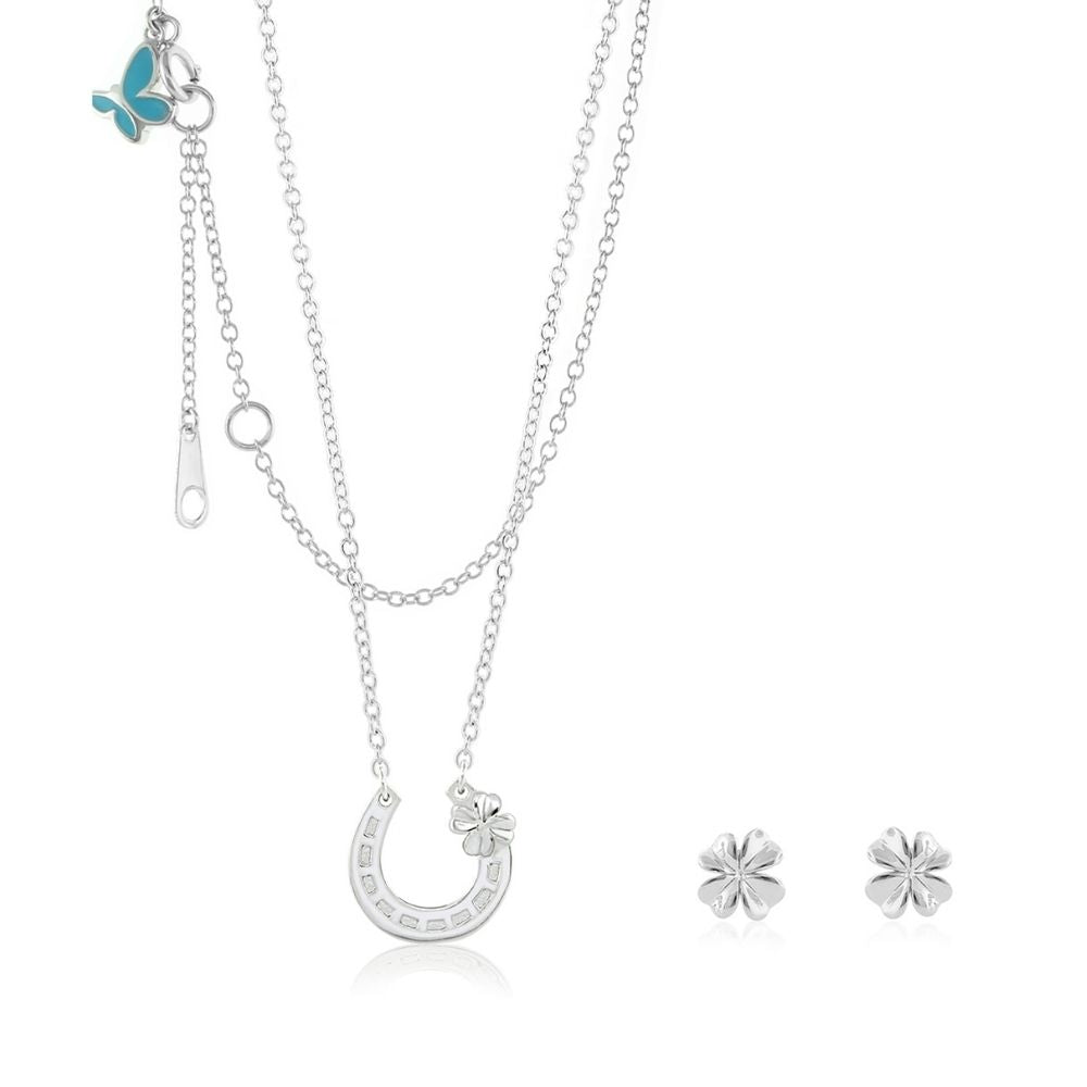 Sydney Leigh Horseshoe Lauren G Adams necklace with horseshoe pendant and clover charm; studs on Tampa Home & Garden Store