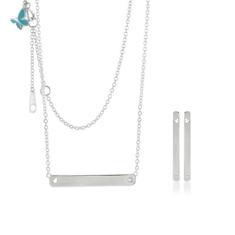 Sydney Leigh Engravable Bar Necklace & Earrings Set silver tone bar pendant with studs on Tampa Home & Garden Store