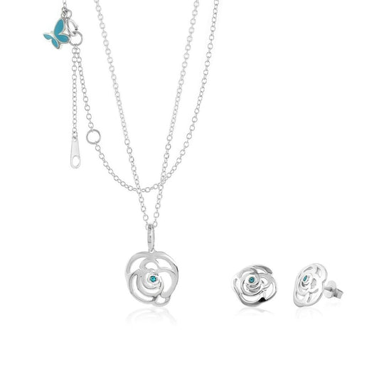 Sydney Leigh Rose Necklace & Earrings Set by Lauren G Adams in silver-tone with turquoise centers; necklace with rose pendant and matching stud earrings on Tampa Home & Garden Store
