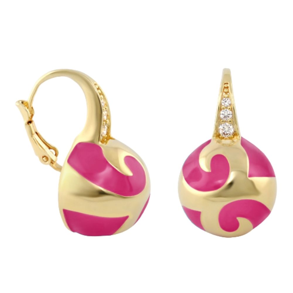 Good Karma Ball Earrings, pair in gold-tone with pink enamel swirls and diamond-accent bail on Tampa Home & Garden Store