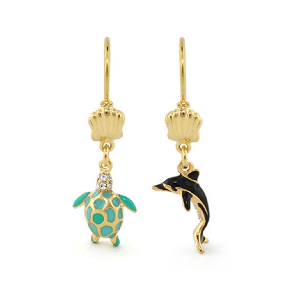 Eau Turtle & Dolphin Earrings set by Lauren G Adams; gold-tone hooks with turquoise turtle charm and black-gold dolphin charm on Tampa Home & Garden Store