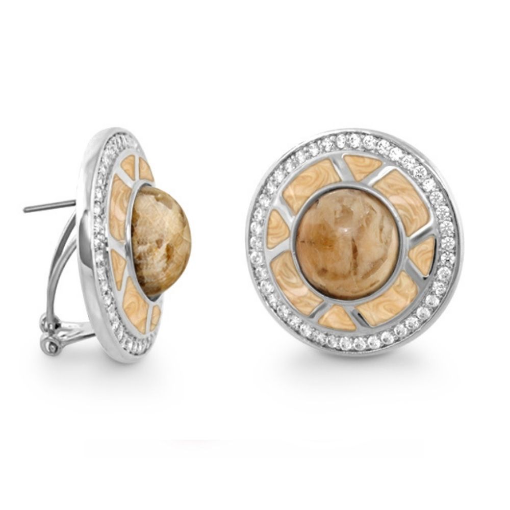 Chunky Town Earrings Open Spoke Cabochon, silver-tone pair with beige cabochons and diamond halo on Tampa Home & Garden Store