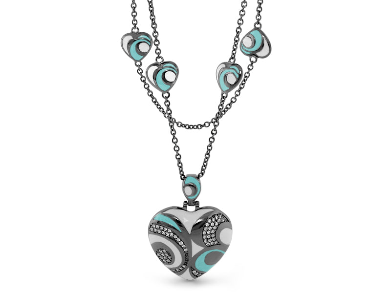 Modern Art Necklace pendant on double chain with turquoise enamel hearts by Lauren G Adams on Tampa Home & Garden Store