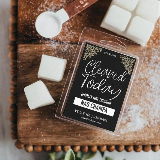 Nag Champa wax melt Gia Roma vegan soy wax tart in clear packaging on wooden board on Tampa Home & Garden Store