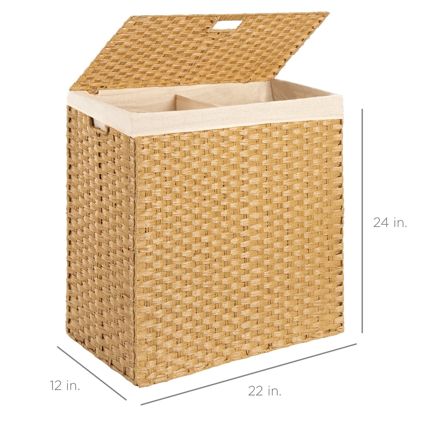 Cesto de ropa plegable con forro de mimbre PE natural de 2 compartimentos con asas
