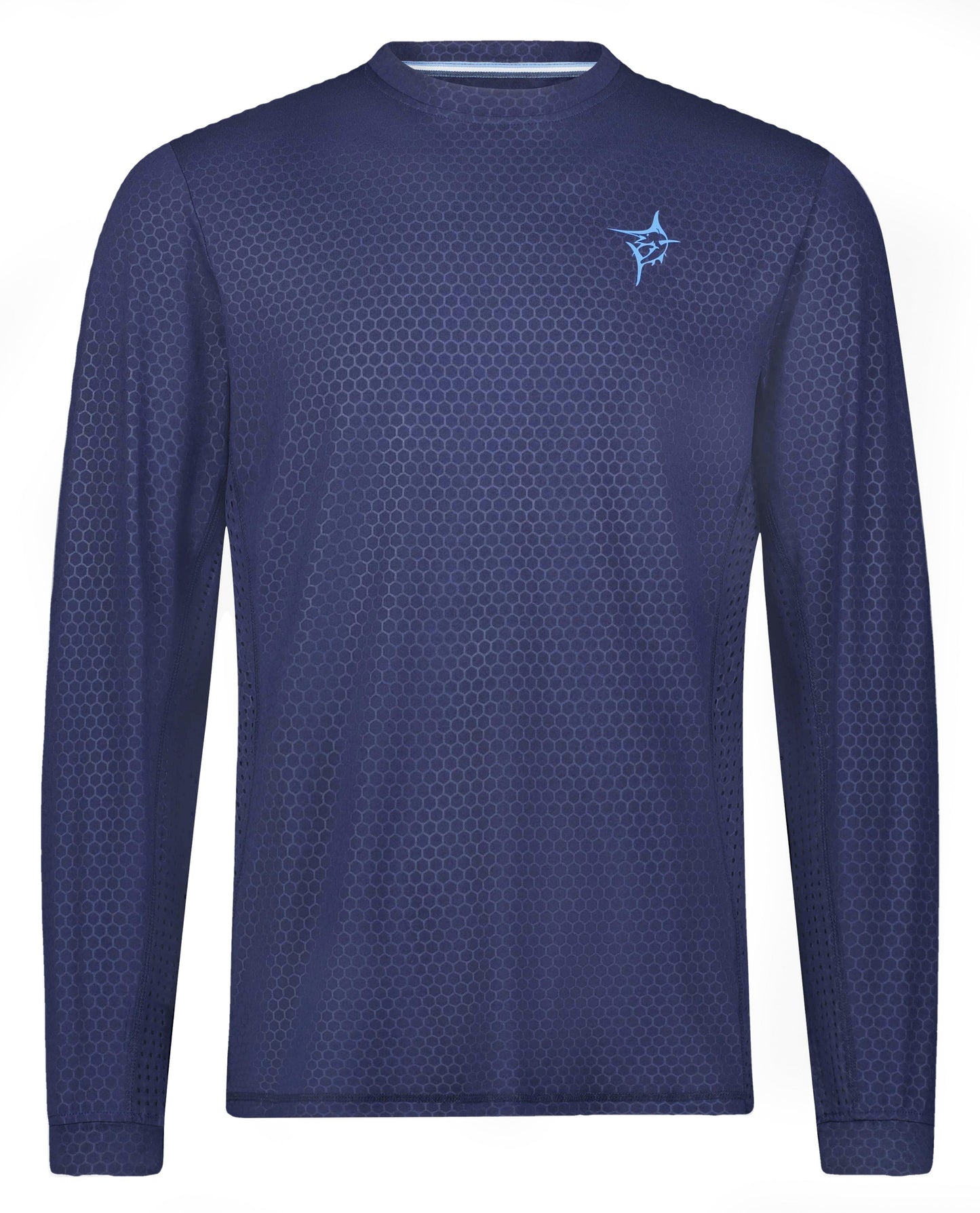 NautiFlex Performance Tee navy hex-pattern long sleeve with White Water Life logo on Tampa Home & Garden Store