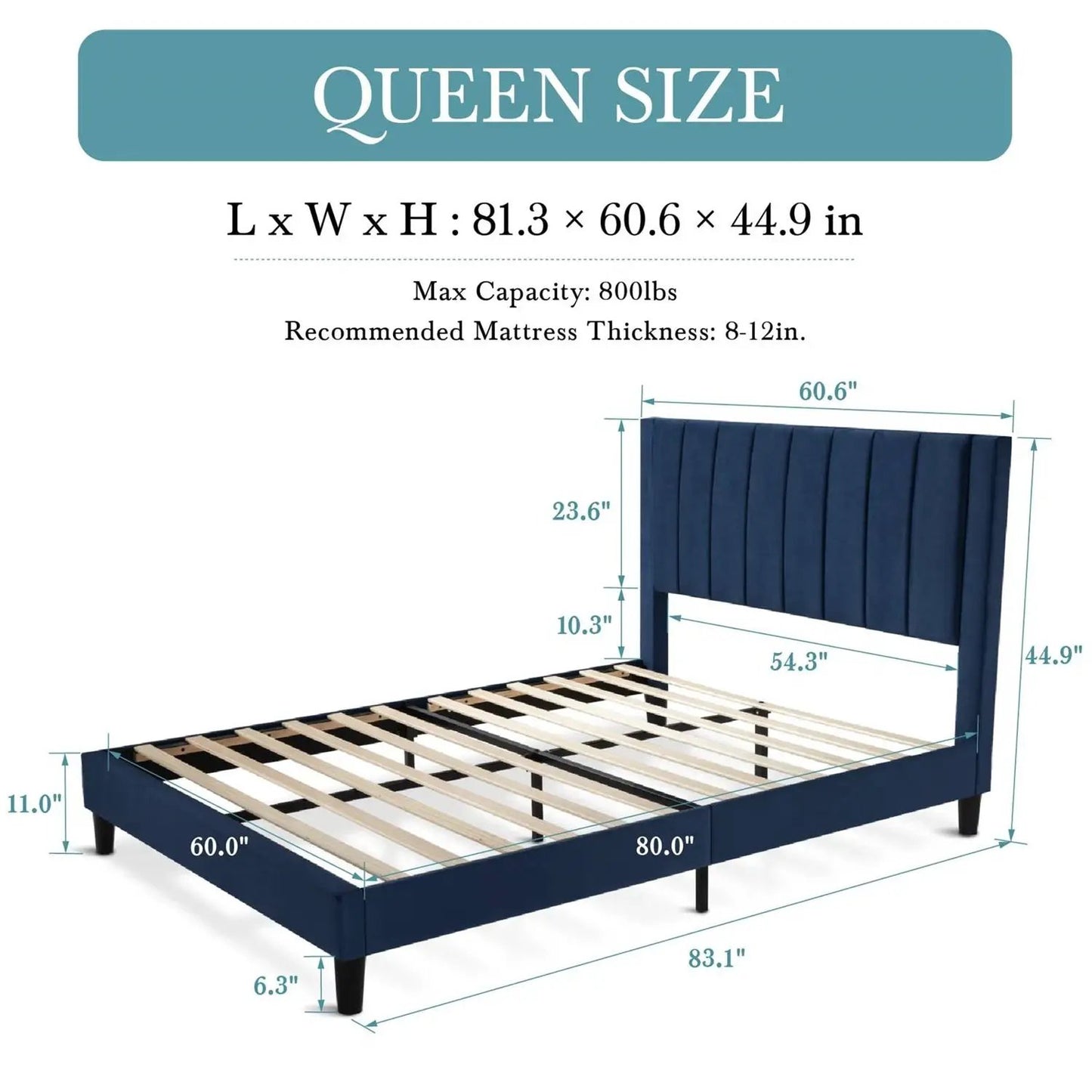 Queen size Modern Navy Blue Velvet Upholstered Platform Bed with Headboard - Tampa Home & Garden Store