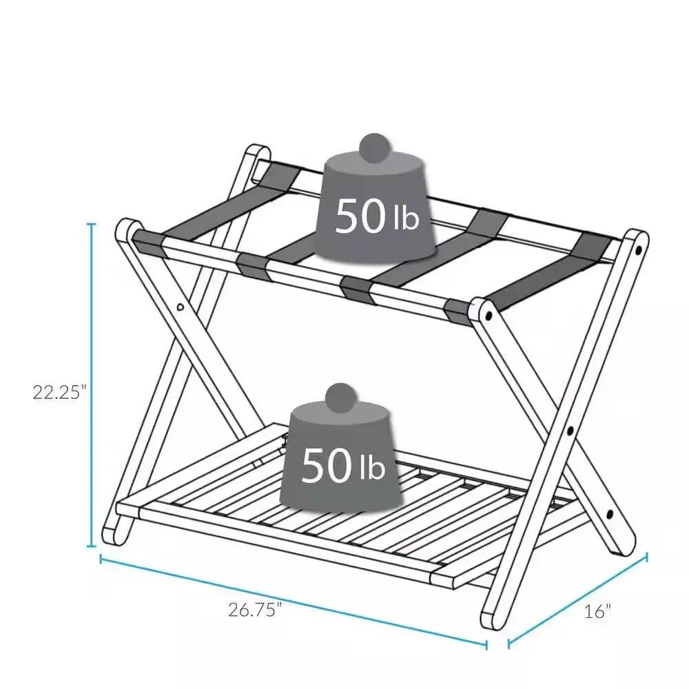 Solid Wood Luggage Rack with Bottom Storage Shelf in Natural with Black Straps - Tampa Home & Garden Store