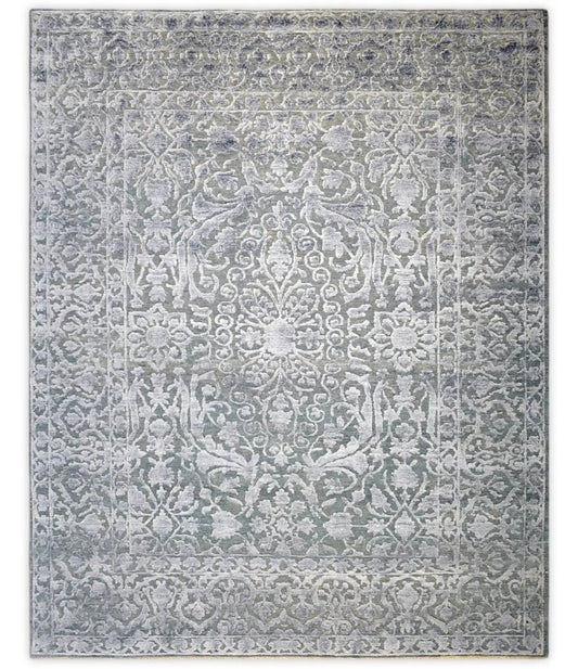 8x10 Modern Handspun Wool and Bamboo Silk Rug, grey rug with ornate floral medallion on Tampa Home & Garden Store