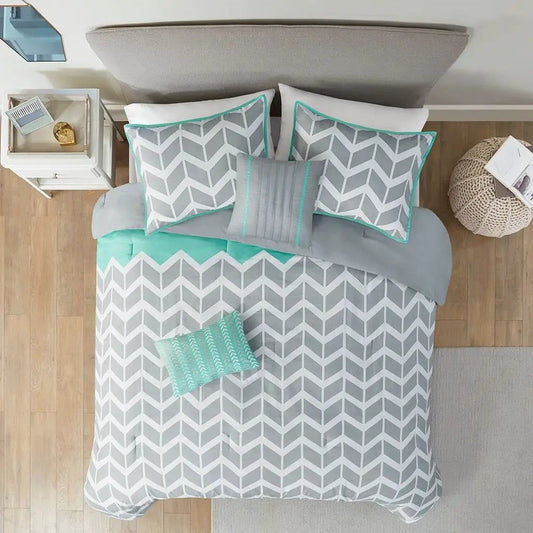 Twin XL Reversible Grey Chevron Comforter with aqua teal trim; two grey chevron pillows on Tampa Home & Garden Store