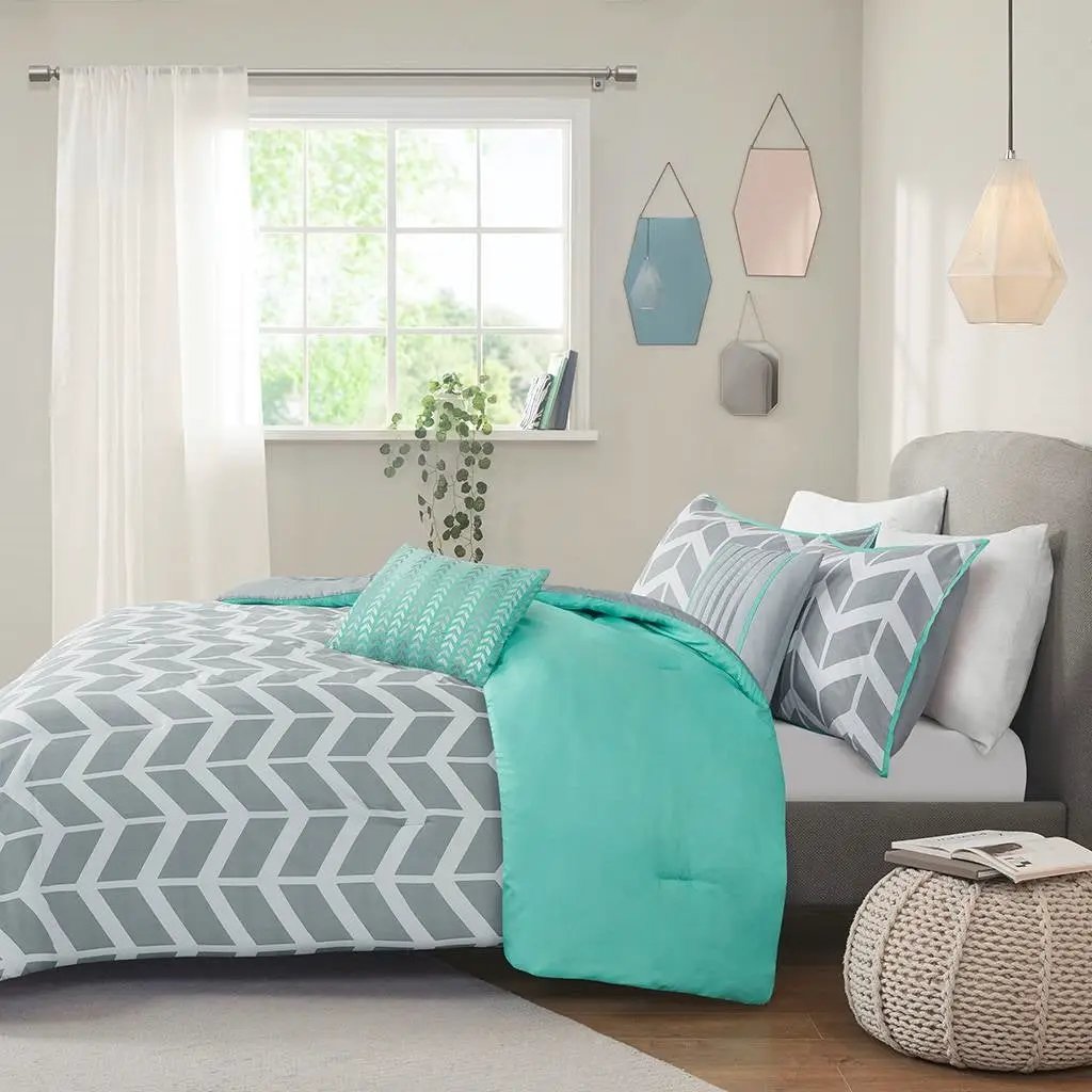 Twin/Twin XL Reversible Comforter Set in Grey White Aqua Teal Chevron Stripe - Tampa Home & Garden Store